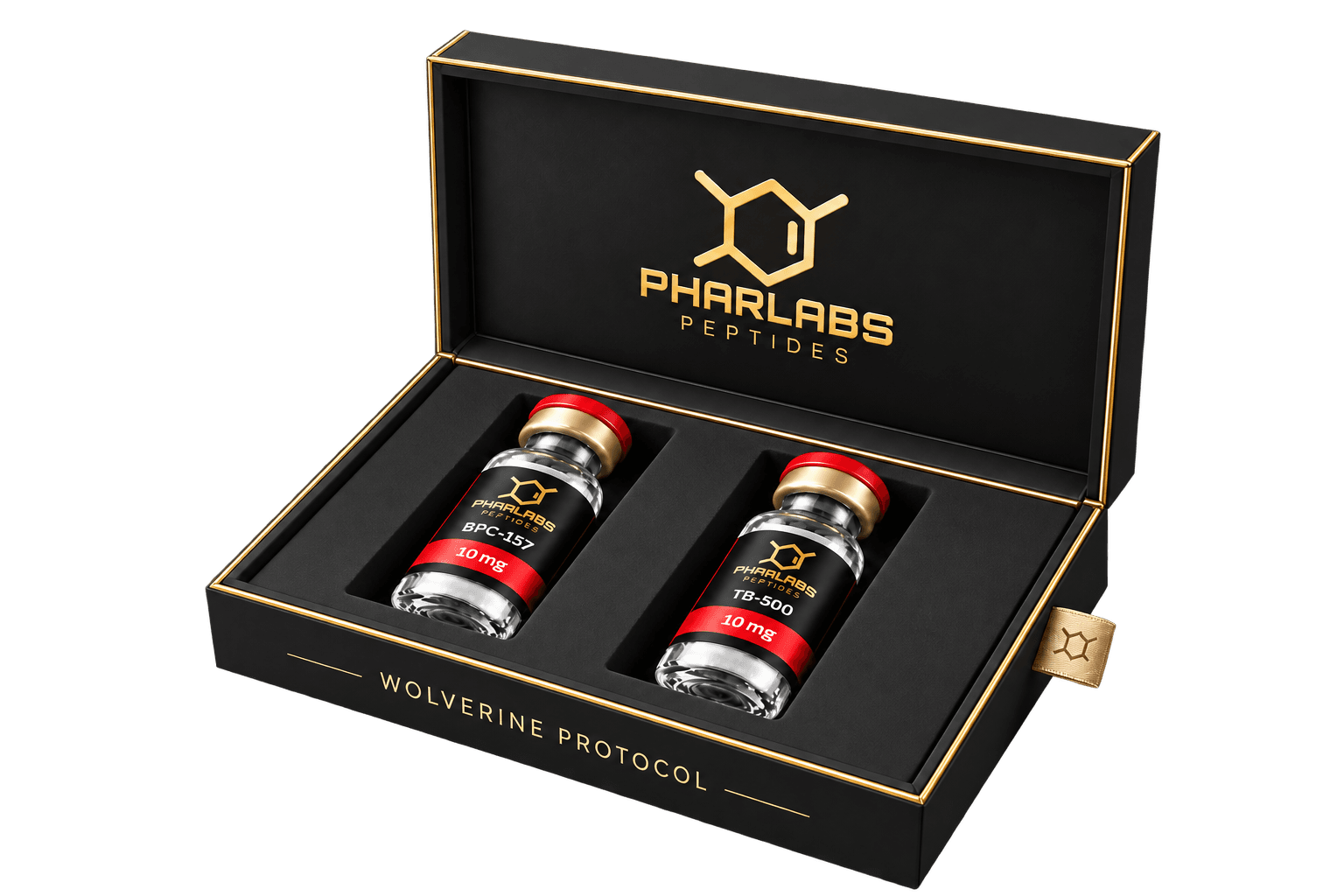 Concepto de kit Wolverine abierto, con frascos separados de BPC-157 y TB-500