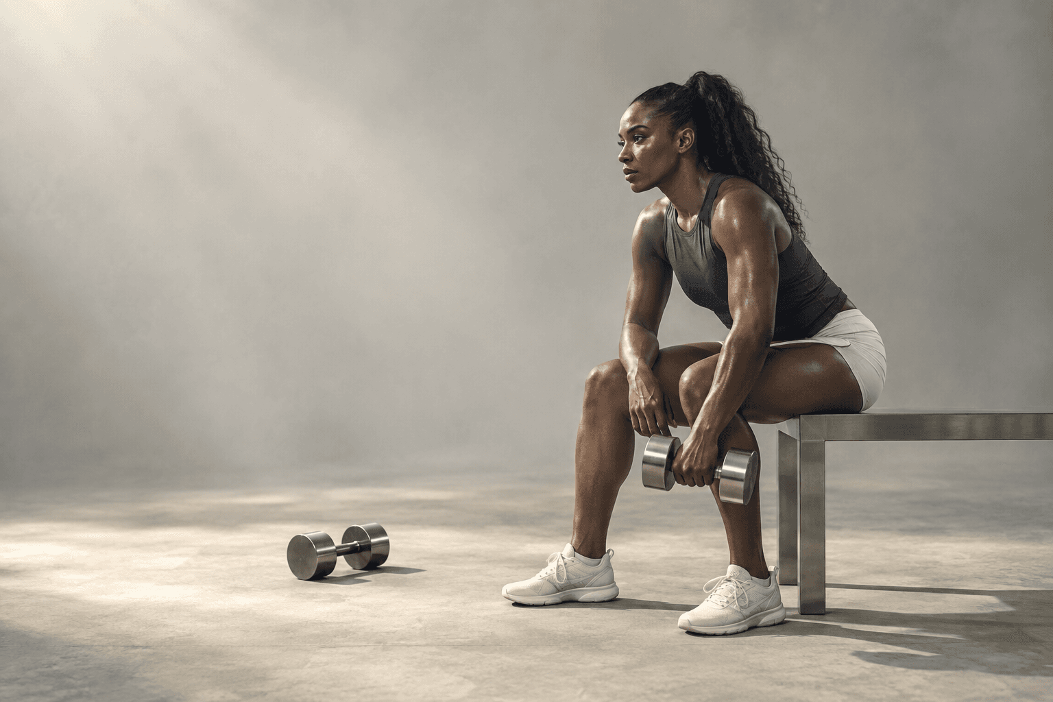 Mujer atlética en pausa de entrenamiento con mancuernas de metal.