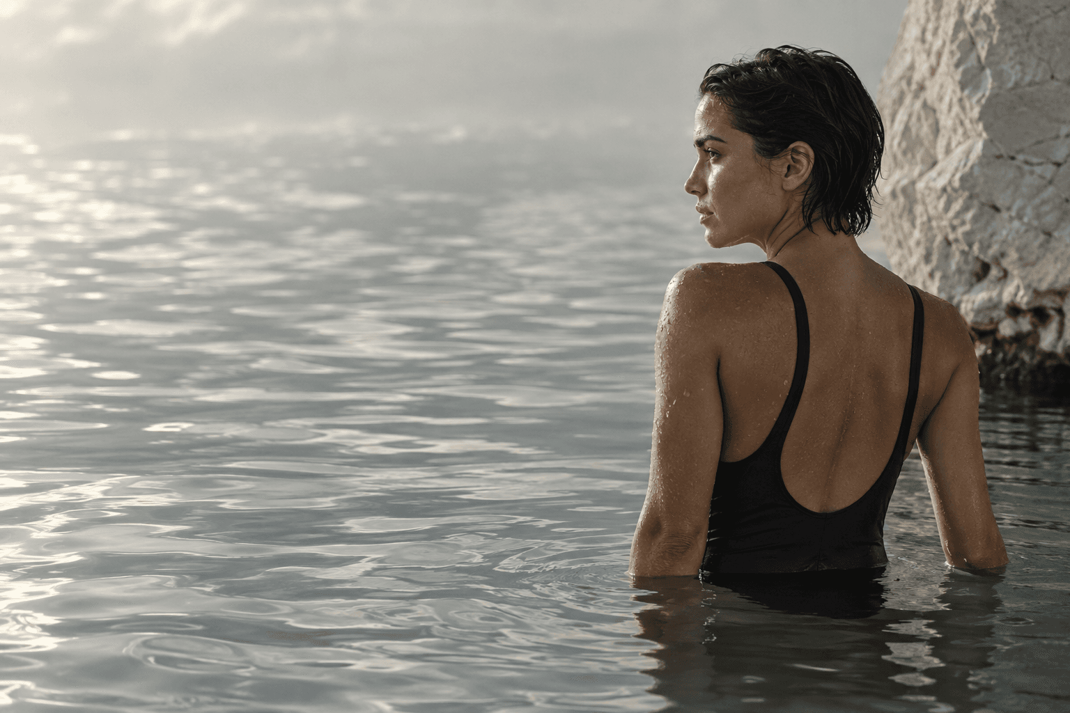 Mujer en el agua, de espaldas, con luz suave al amanecer.