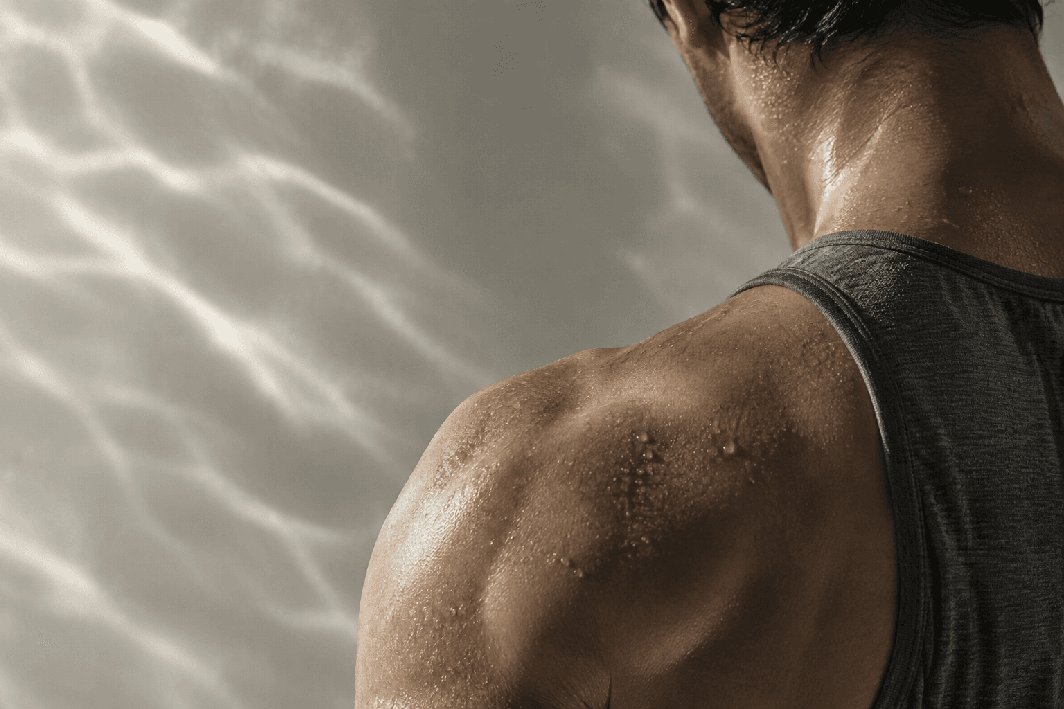 Primer plano del hombro de un deportista, con gotas de sudor y reflejos de luz.