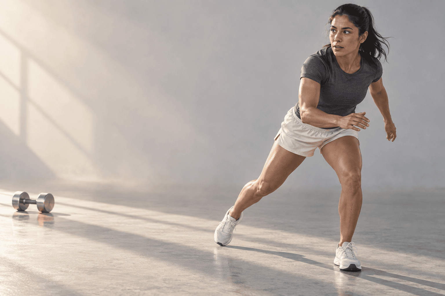Mujer en movimiento lateral durante un entrenamiento en estudio.