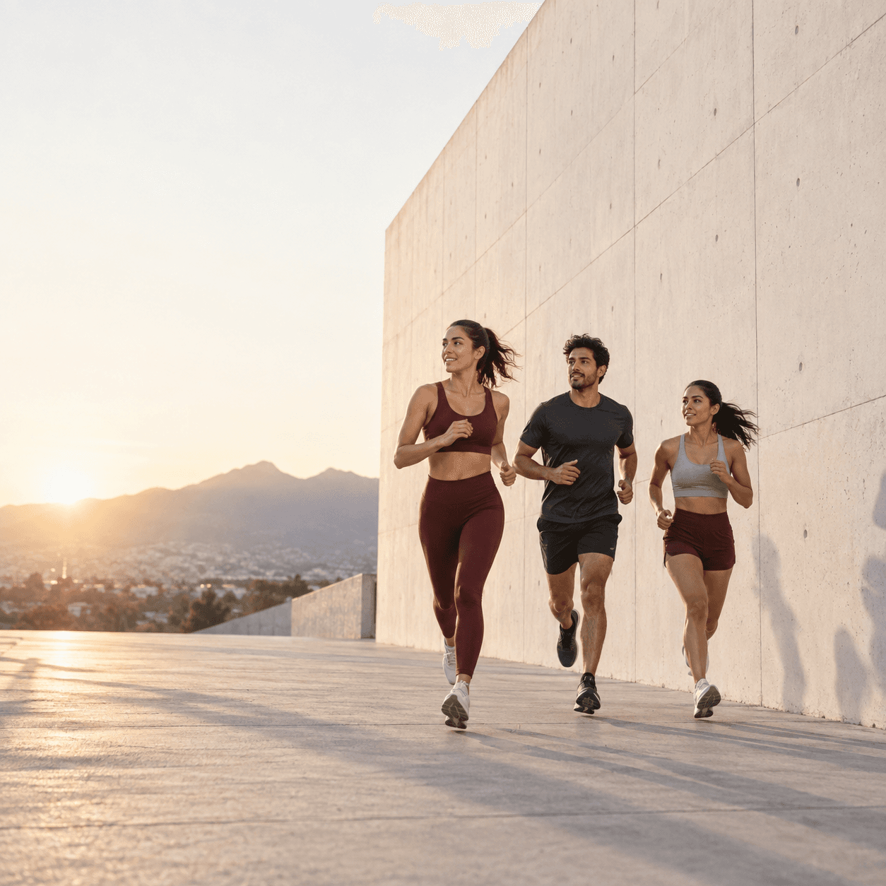 Tres corredores avanzan juntos al amanecer junto a un muro de concreto.