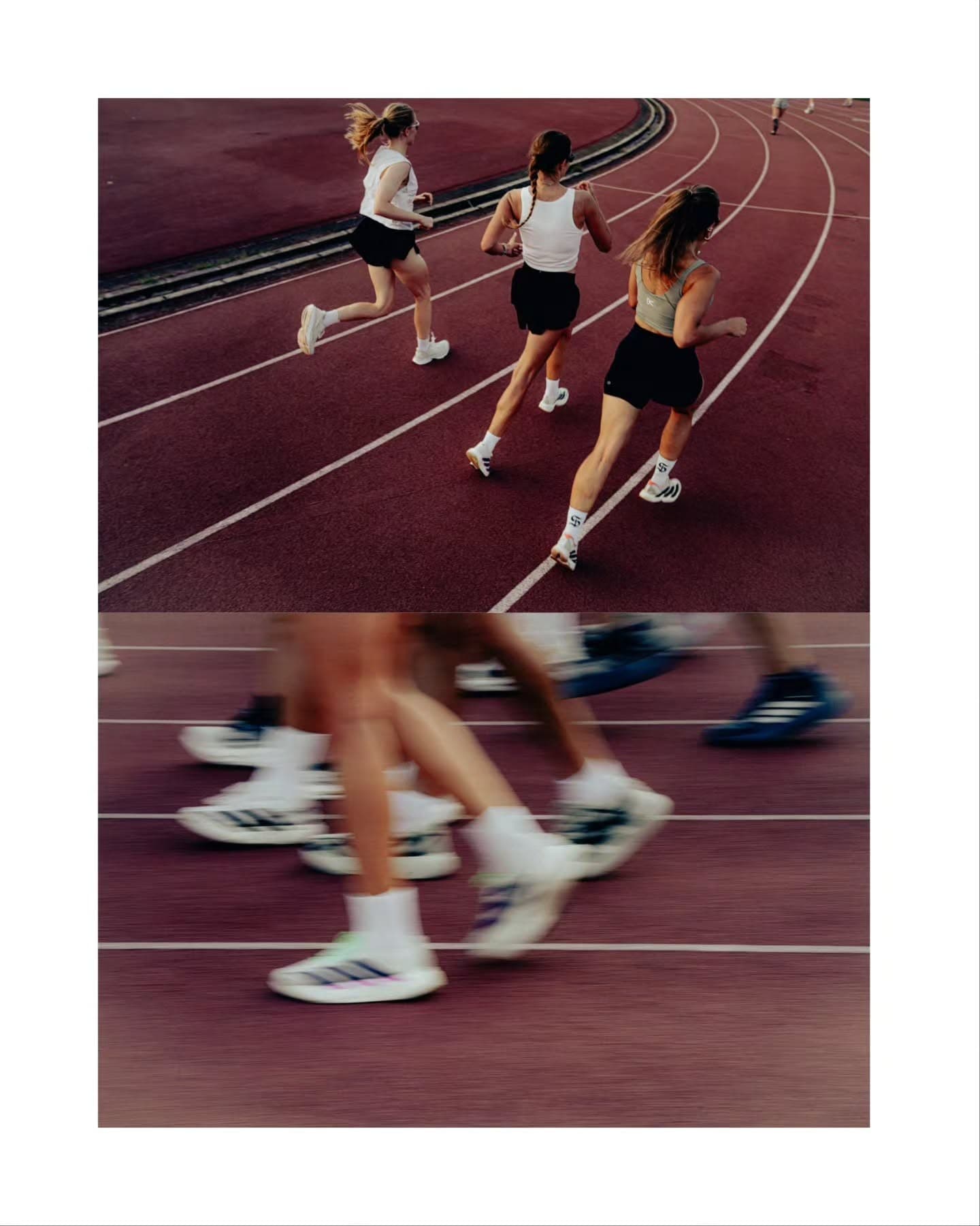 Corredoras en pista de atletismo, vista en movimiento.